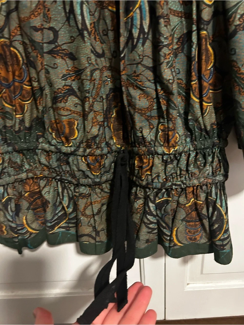 Ulla Johnson Olive Green and Brown Botanical Puff-Sleeve Blouse